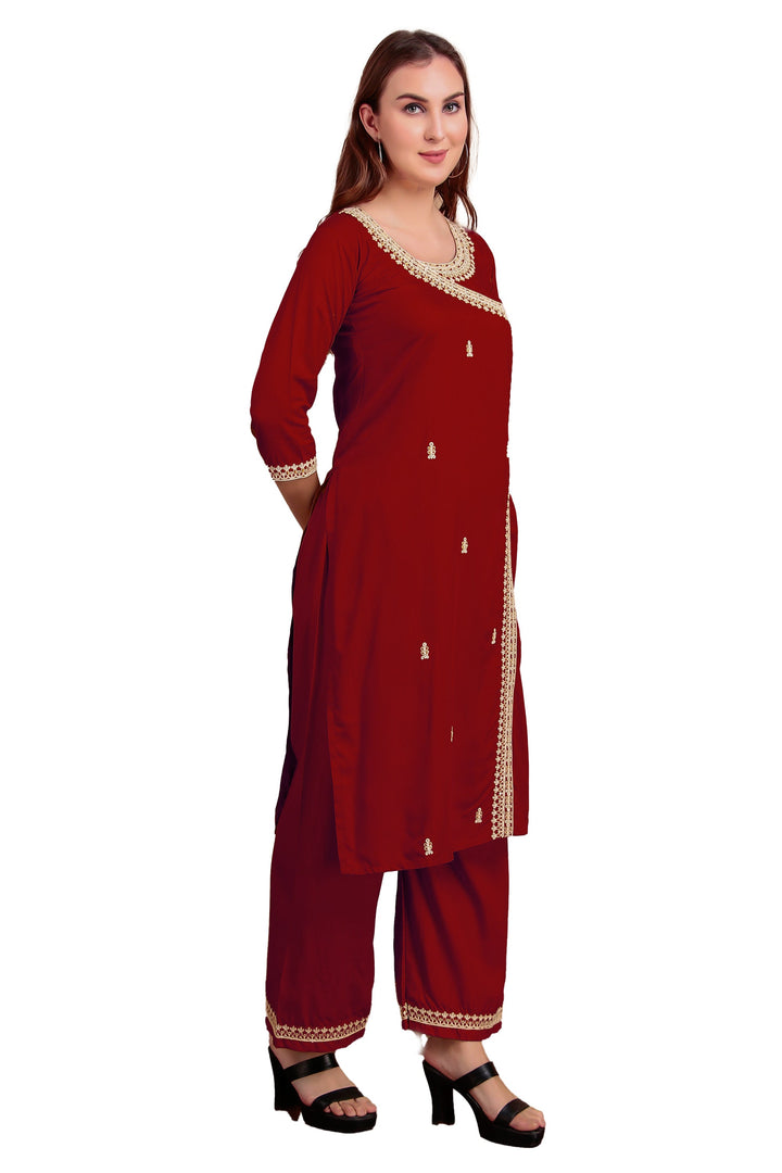 Ladyline Women's Rayon Slub Angrakha Kurta with Pants Set | Embroidery & Sequins | 2-Piece Ethnic Set
