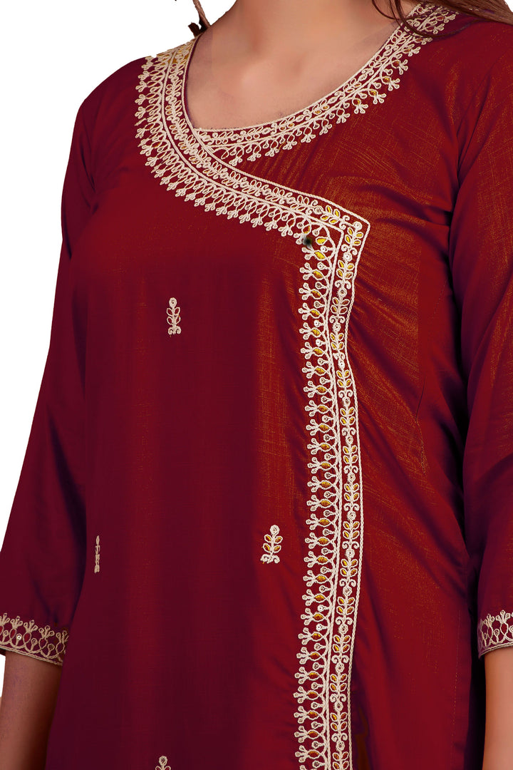 Ladyline Women's Rayon Slub Angrakha Kurta with Pants Set | Embroidery & Sequins | 2-Piece Ethnic Set