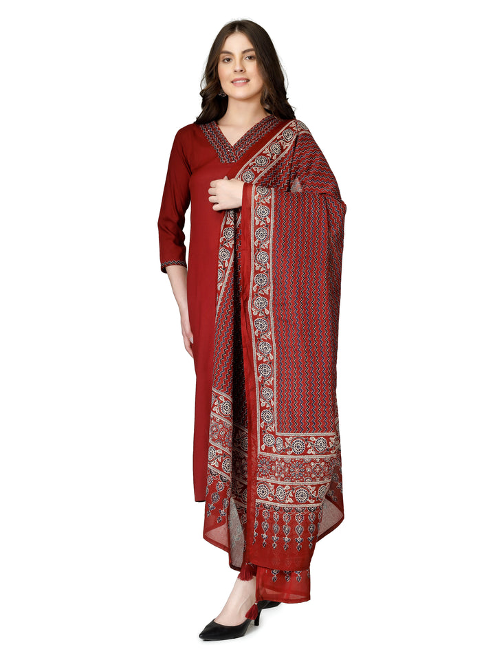 Ladyline Women's 3 Piece Ethnic Set - Rayon Embroidered Kurta, Flared Palazzo Pants & Printed Mal Dupatta | Elegant Salwar Kameez