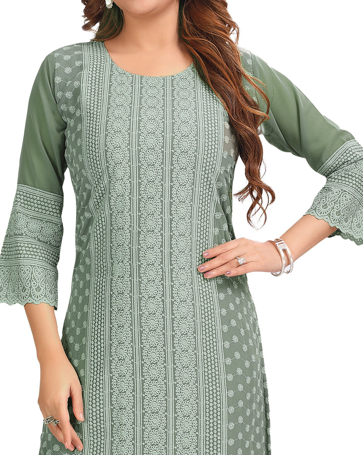 Ladyline Women’s Chiffon Georgette Long Tunic Top – Chikankari Embroidered - Knee Length Kurti Kurta – Ethnic Formal Wear GEK