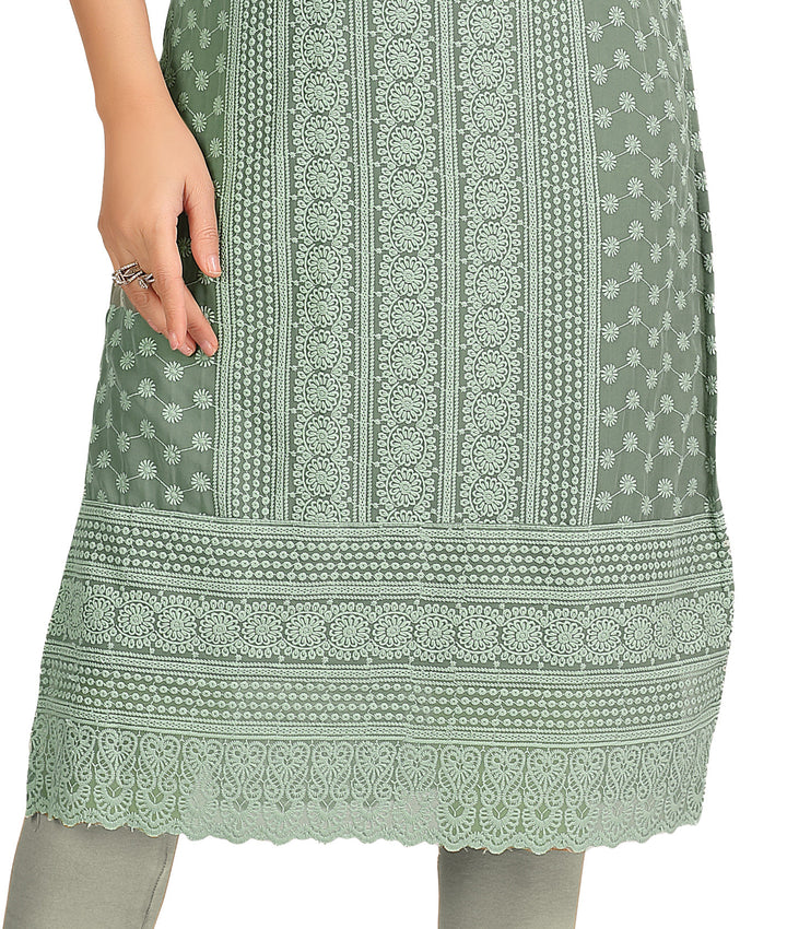 Ladyline Women’s Chiffon Georgette Long Tunic Top – Chikankari Embroidered - Knee Length Kurti Kurta – Ethnic Formal Wear GEK