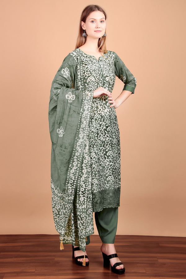 Ladyline Womens Silk Ethnic Batik Printed Salwar Kameez - Chikankari Embroidered Schiffli Cutwork