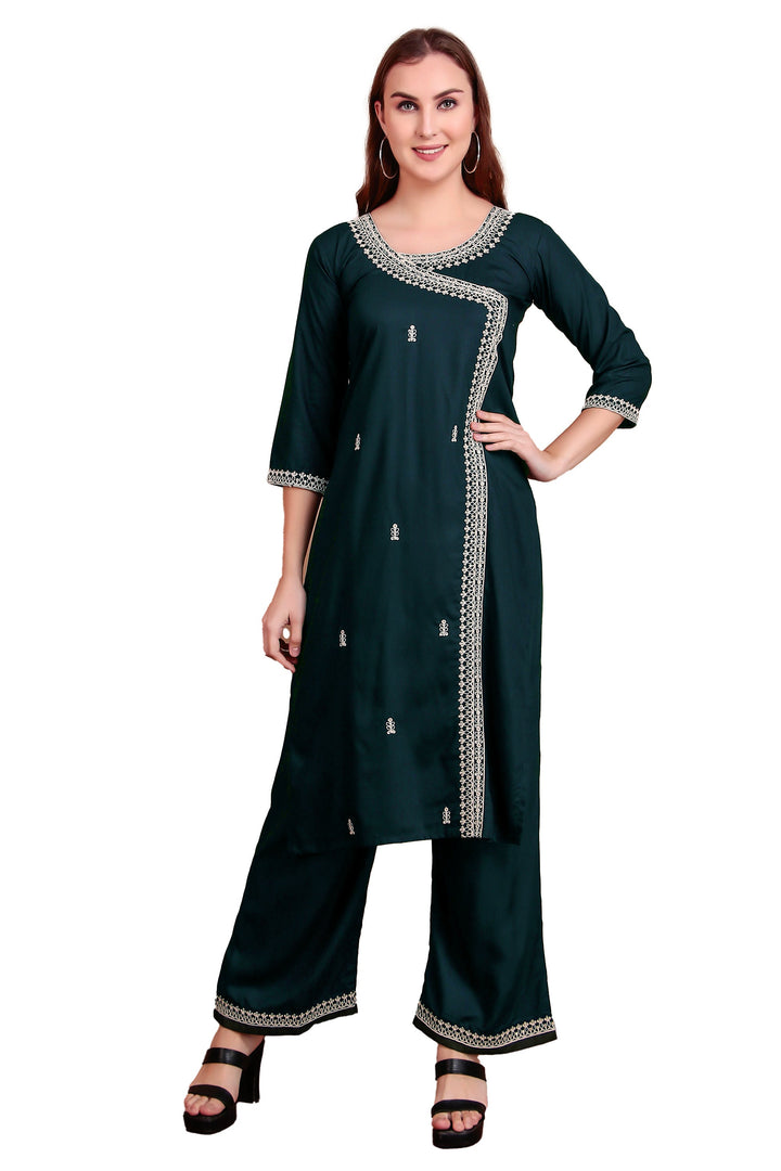Ladyline Women's Rayon Slub Angrakha Kurta with Pants Set | Embroidery & Sequins | 2-Piece Ethnic Set