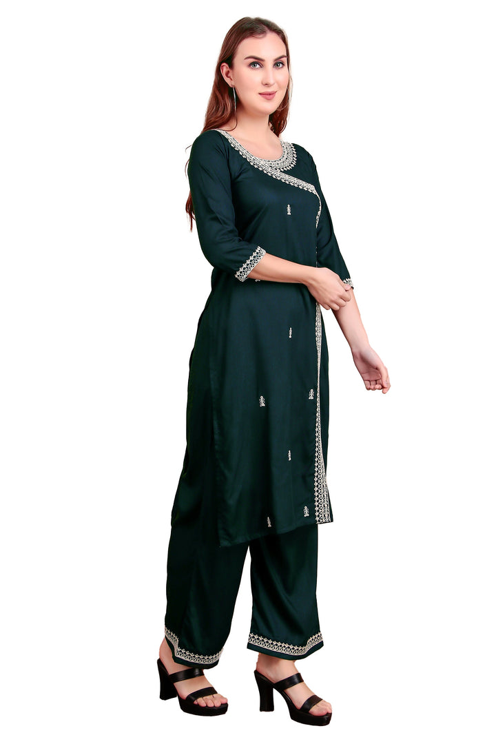 Ladyline Women's Rayon Slub Angrakha Kurta with Pants Set | Embroidery & Sequins | 2-Piece Ethnic Set