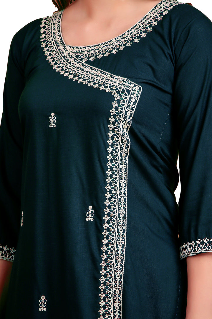 Ladyline Women's Rayon Slub Angrakha Kurta with Pants Set | Embroidery & Sequins | 2-Piece Ethnic Set