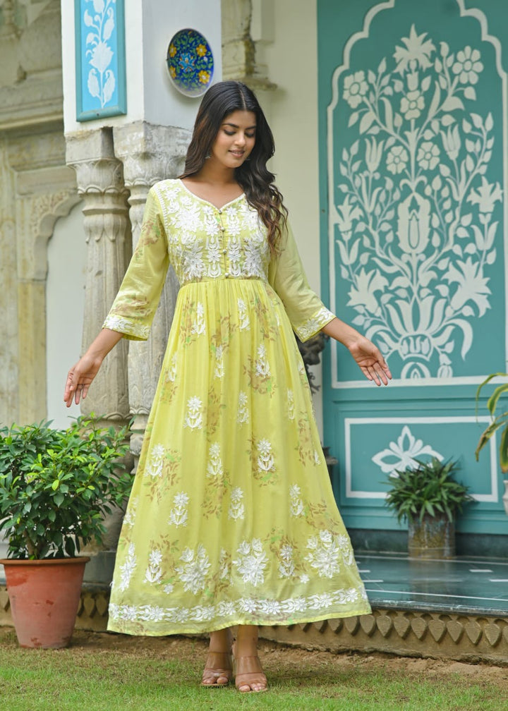 Ladyline Womens Cotton Lawn Floral Anarkali Kurta Gown, Lucknowi Embroidered, Long Floor-Length Kurti