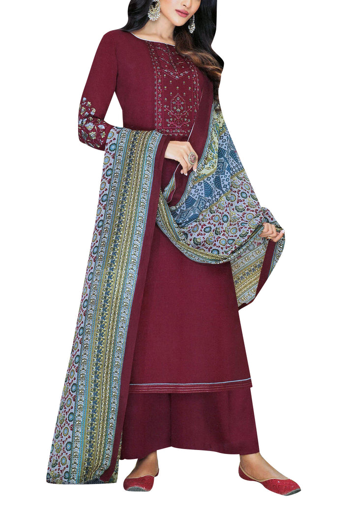 Ladyline Plain Cotton Salwar Kameez Embroidered with Printed Dupatta Palazzo Pants