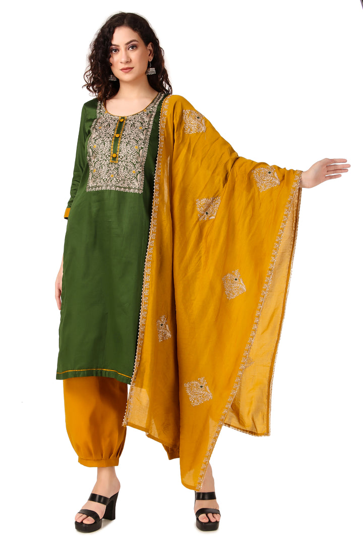 Ladyline Womens Silky Cotton Gold Ari Embroidered Salwar Kameez Suit with Embroidery Dupatta