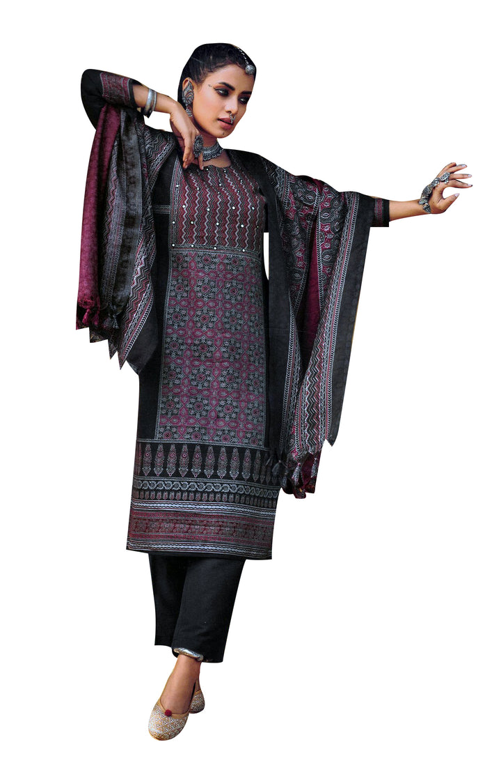 Ladyline Womens Alpine Pashmina Ethnic Printed Salwar Kameez Suit with Mirror Hand Work | Pashmina Dupatta