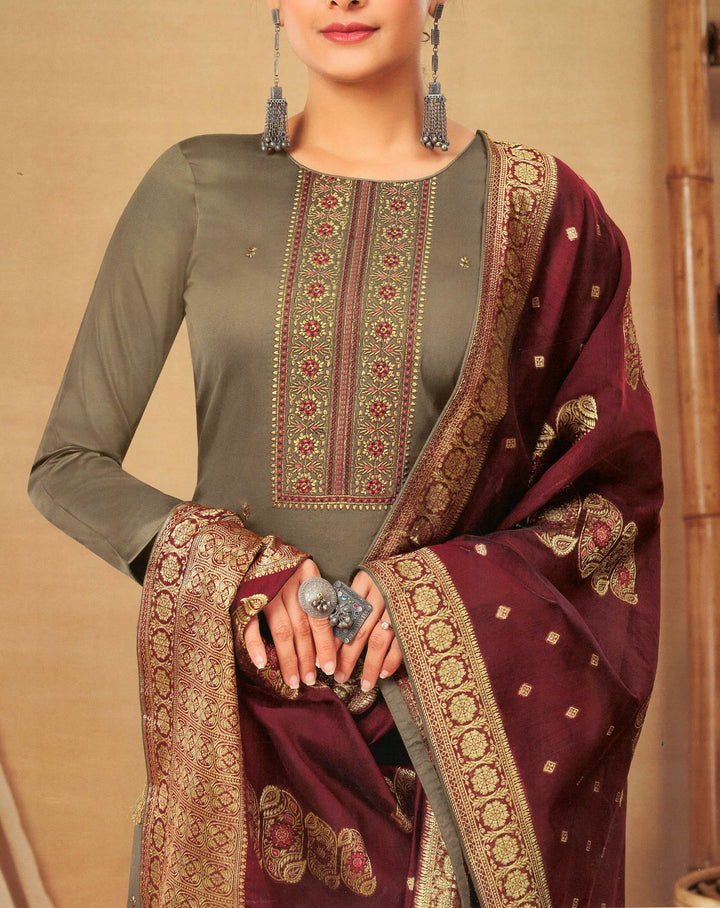 ladyline Partywear Plain Cotton Zari Embroidered Womens Salwar Kameez Suit - Brocade Dupatta (CESK SGUZ1395)