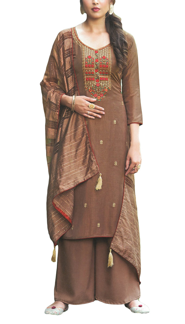 Rich Crape Plain Embroidered Salwar Kameez Suit with Silk Dupatta Palazzo Pant