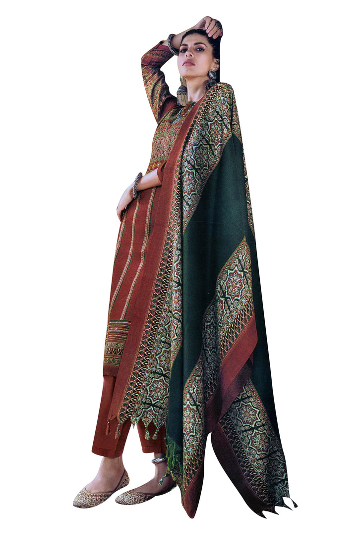 Ladyline Womens Alpine Pashmina Ethnic Printed Salwar Kameez Suit with Mirror Hand Work | Pashmina Dupatta