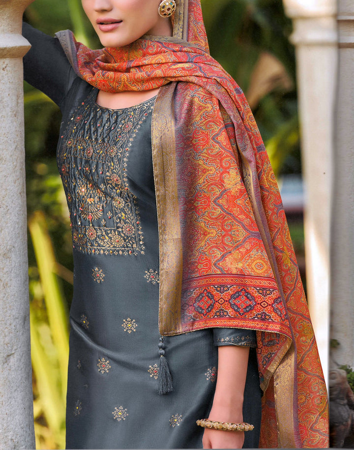 Ladyline Formal Brocade Silk Handwork Long Salwar Kameez with Paisley Printed Banarasi Dupatta