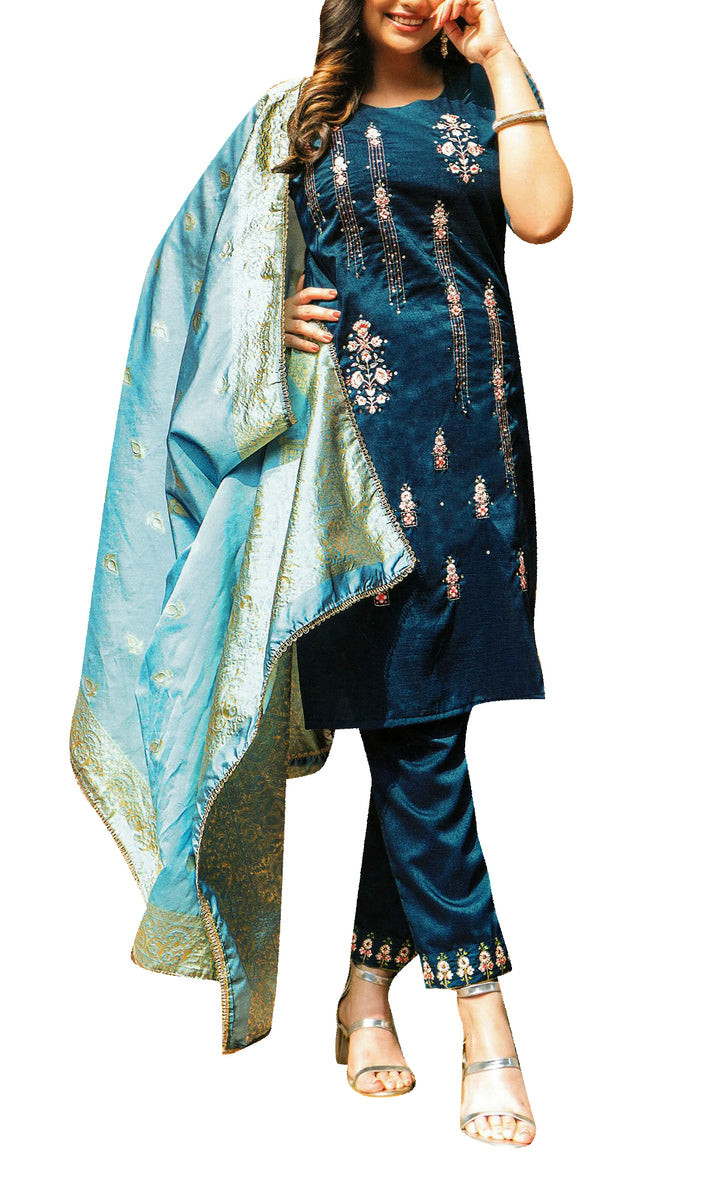 Ladyline Formal Womens Plain Silk Embroidered Salwar Kameez and Brocade Dupatta