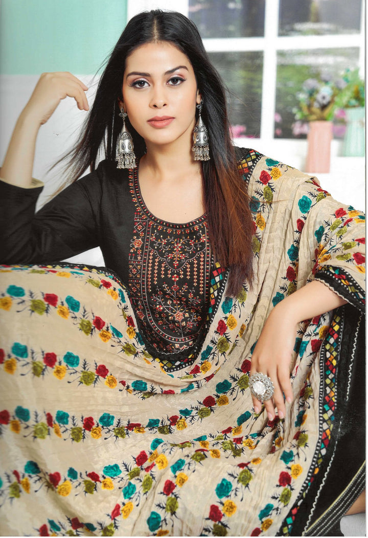 Ladyline Black Beauty Rayon Embroidered Salwar Kameez Suit with Bandhani Printed Dupatta | Palazzo Pants