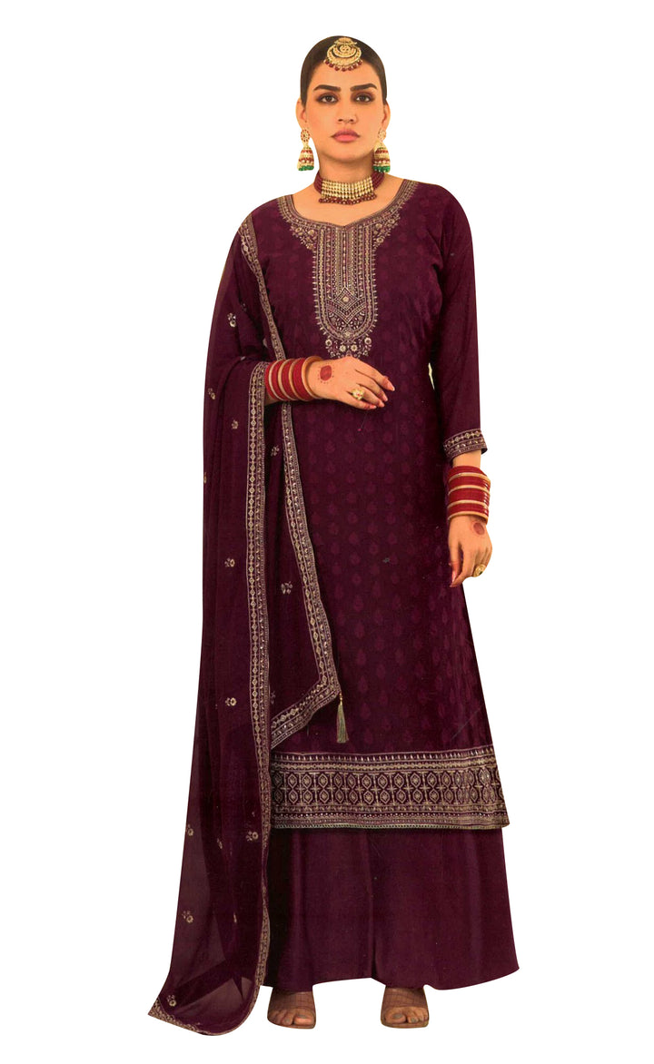 Ladyline Jacquard Silk Embroidered Salwar Kameez Suit | Palazzo Pants | Silk Dupatta