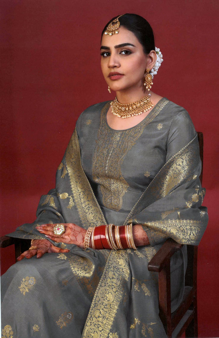 Ladyline Maslin Gold Weaving Silk Long Salwar Kameez with Jacquard Dupatta Womens