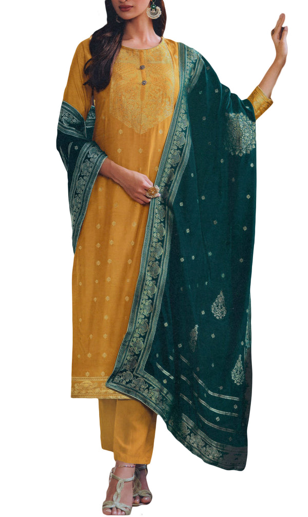 Formal Cream Silk Banarasi Weaving Salwar Kameez Suit Indian Partywear Dress