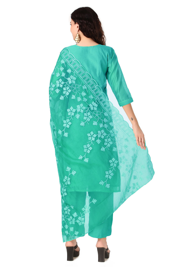 Ladyline Partywear Plain Silk Embroidered Salwar Kameez Suit with Organza Embroidery Dupatta Cutwork