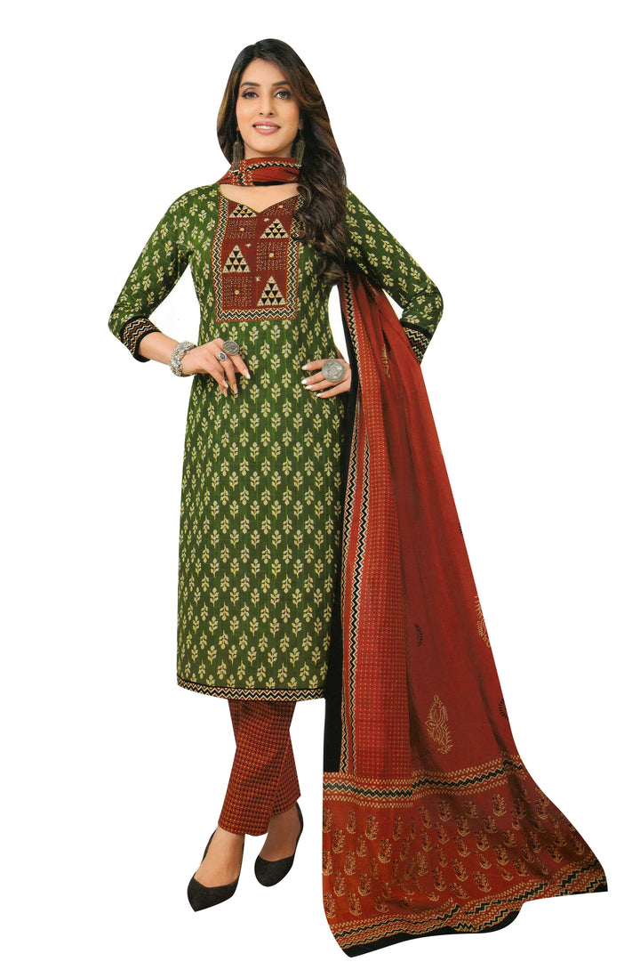 Ladyline Womens Block Print Kantha Handwork Mirror Cotton Salwar Kameez Suit Dress