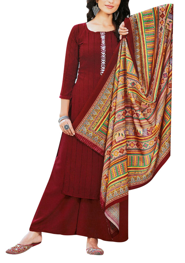 Jacquard Rayon Handwork Salwar Kameez Suit with Maslin Silk Printed Dupatta