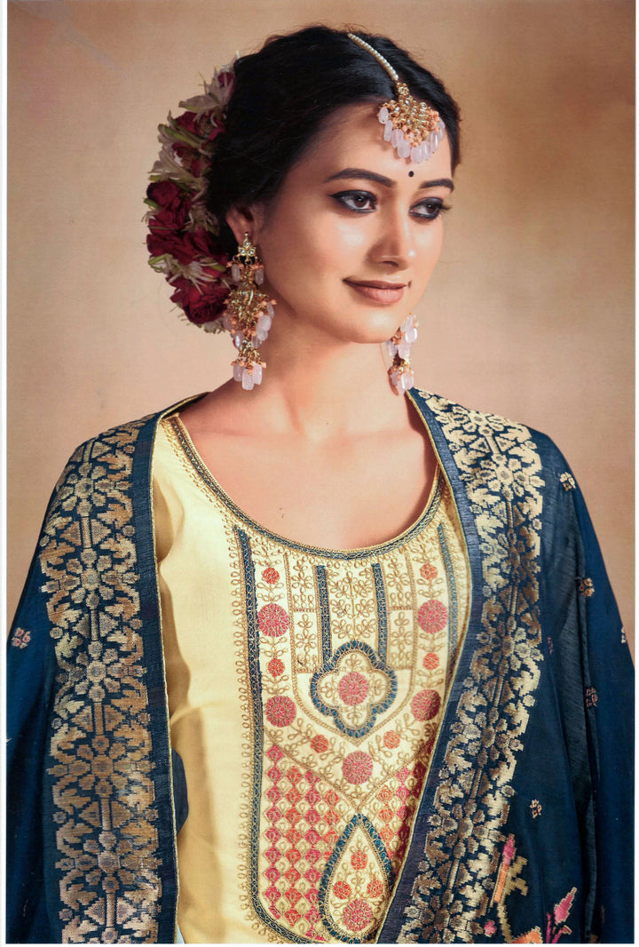Ladyline Formal Cotton Embroidered Salwar Kameez for Women Jacquard Silk Dupatta Palazzo Pant