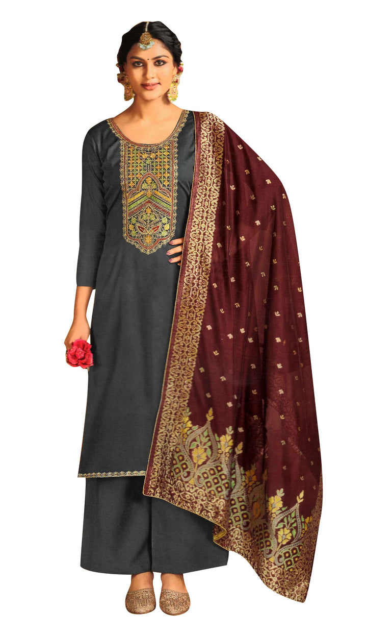 Ladyline Formal Cotton Embroidered Salwar Kameez for Women Jacquard Silk Dupatta Palazzo Pant