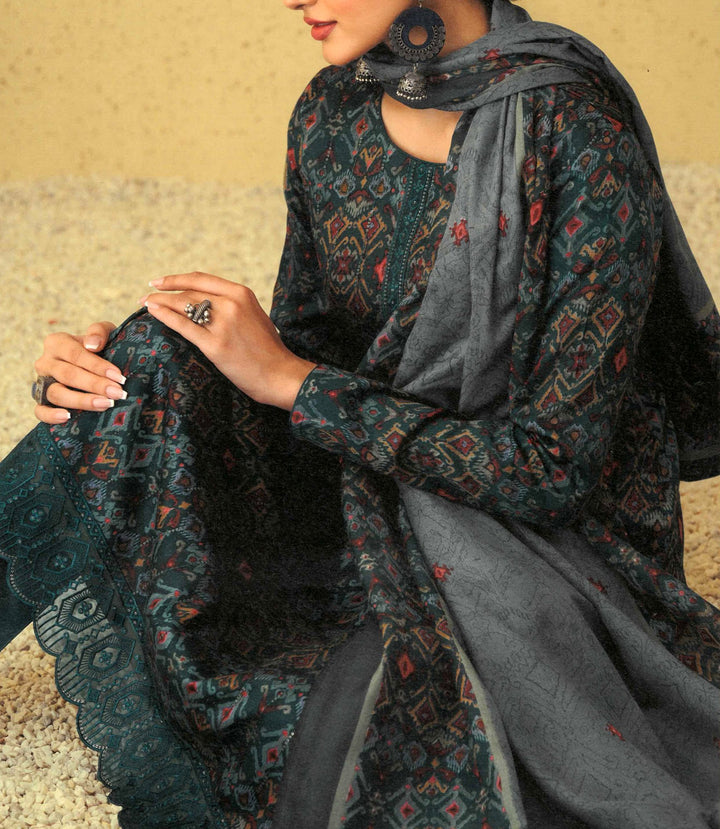 Ladyline Rich Cotton Printed Sequins Salwar Kameez Suit with Cutwork Lace Cotton Dupatta (CPESK KANA1460)