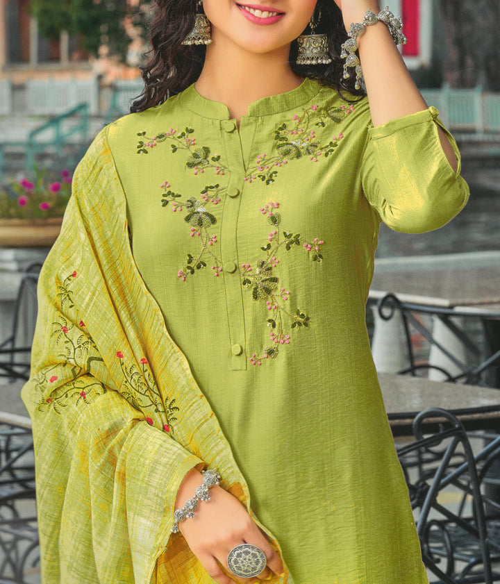 Crunch Silk Kantha Handwork Salwar Kameez Suit with Brush Print Dupatta