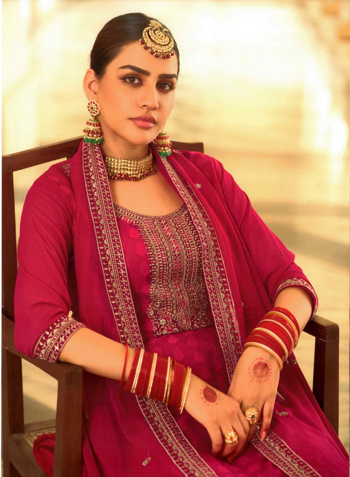 Ladyline Jacquard Silk Embroidered Salwar Kameez Suit | Palazzo Pants | Silk Dupatta