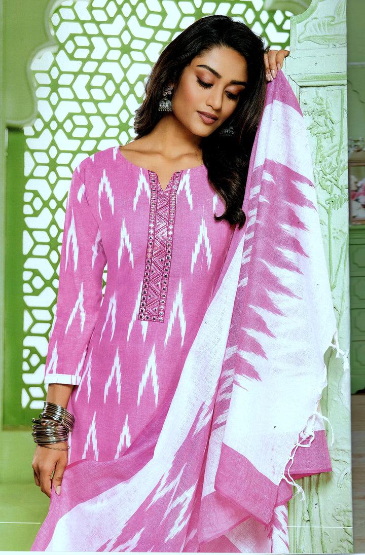 Ladyline Cotton Ikkat Weaving Salwar Kameez for women | Embroidered Neckline, Straight Pants |