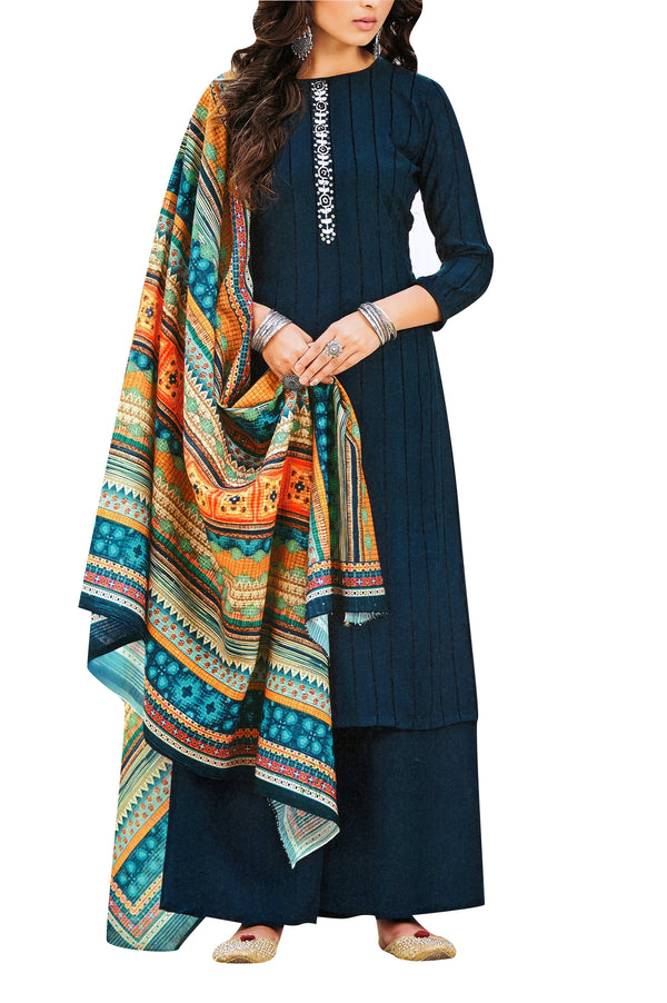 Jacquard Rayon Handwork Salwar Kameez Suit with Maslin Silk Printed Dupatta
