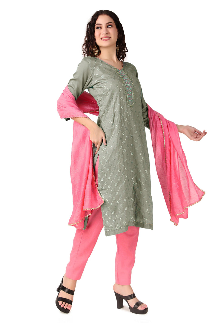 Ladyline Plain Formal Cotton Salwar Kameez with Embroidery Lace & Sequins work