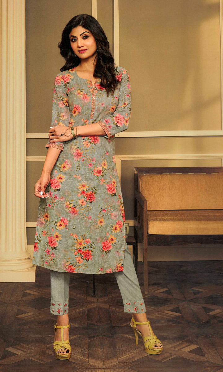 Ladyline Womens Linen Cotton Floral Printed Kurta with Pants Embroidered Set