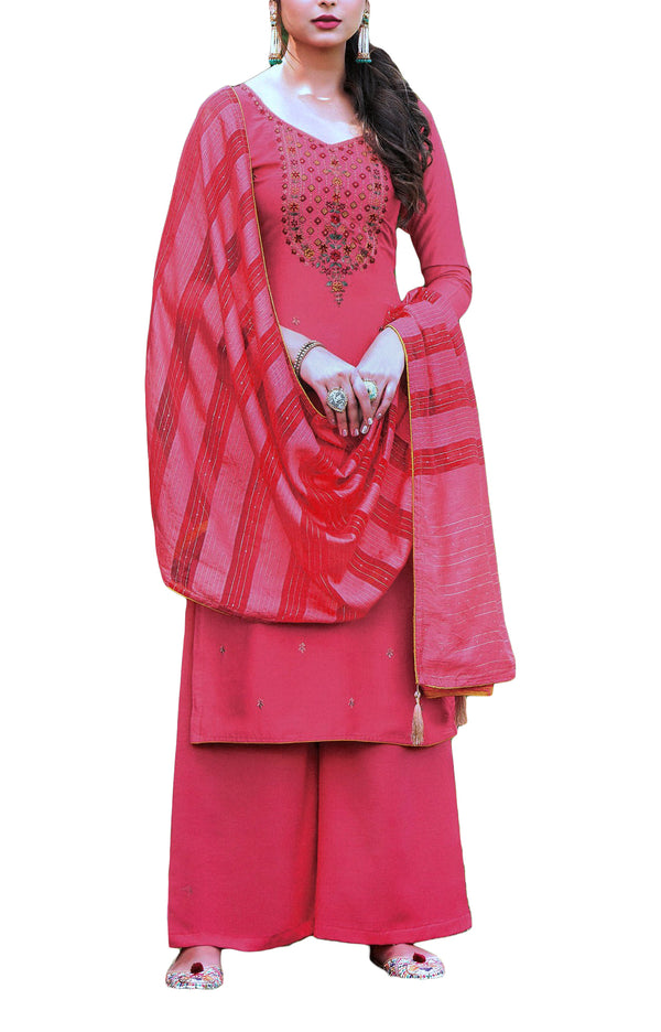 Rich Crape Plain Embroidered Salwar Kameez Suit with Silk Dupatta Palazzo Pant
