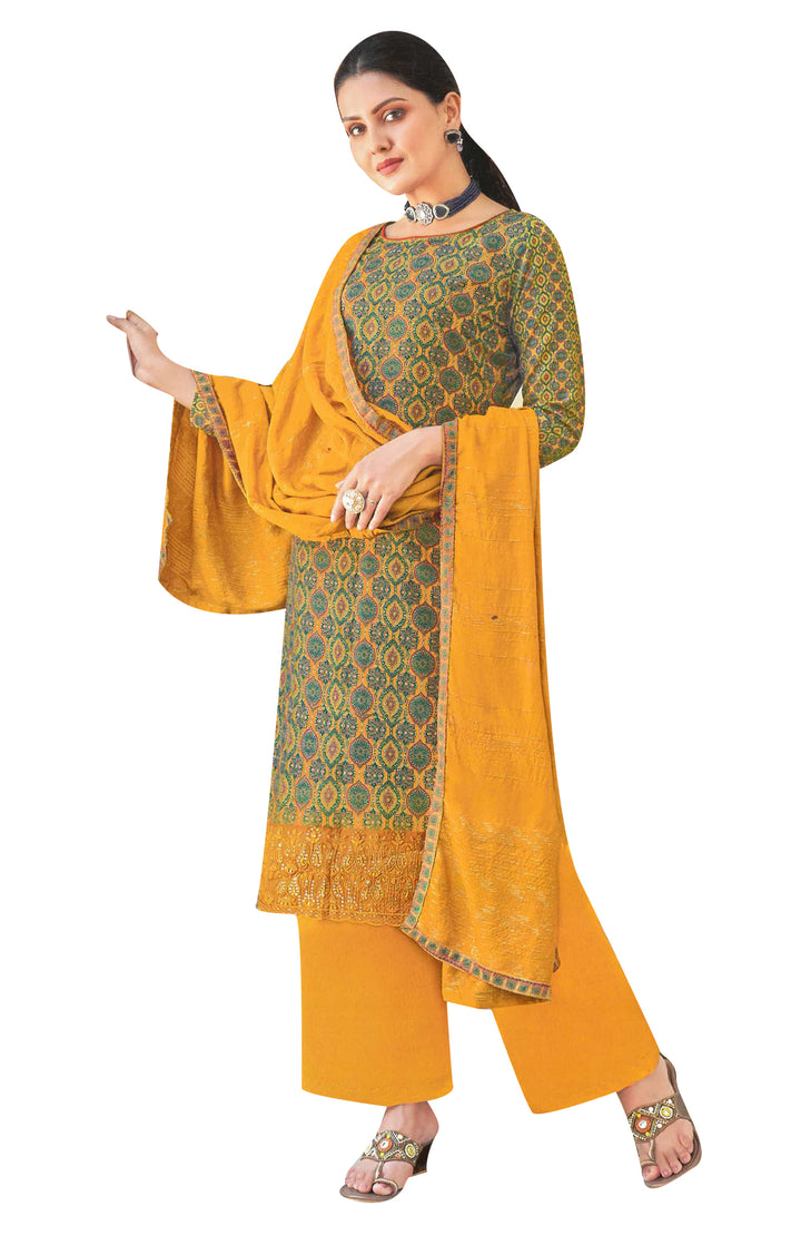 Ladyline Maslin Silk Printed Salwar Kameez Suit with Net Embroidered Daman, Viscose Dupatta