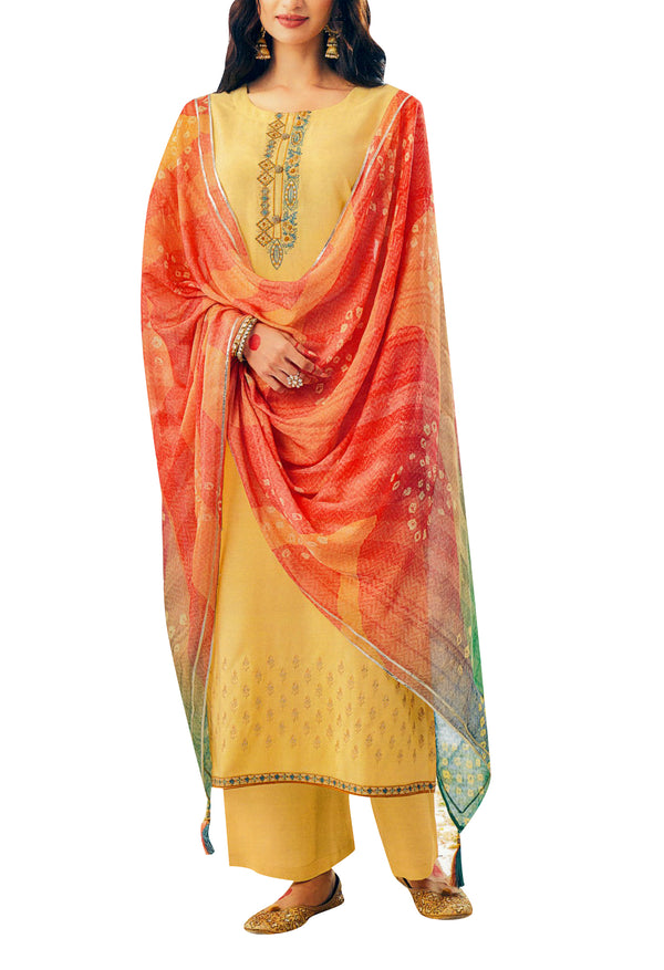 Formal Crepe Silk Embroidered Salwar Kameez Suit with Chiffon Silk Dupatta & Palazzo Pants