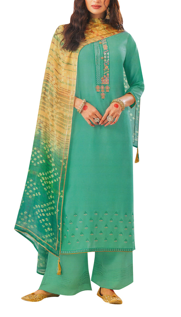 Formal Crepe Silk Embroidered Salwar Kameez Suit with Chiffon Silk Dupatta & Palazzo Pants