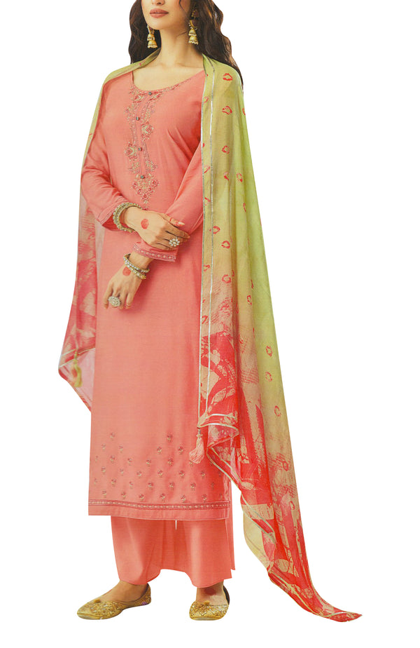 Formal Crepe Silk Embroidered Salwar Kameez Suit with Chiffon Silk Dupatta & Palazzo Pants