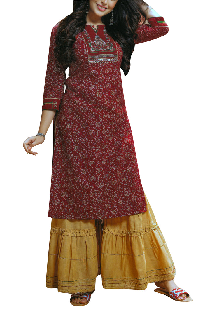 Ladyline Cotton Bandhani Printed Kurti with Sharara Pants Set Embroidered Tunic for Womens