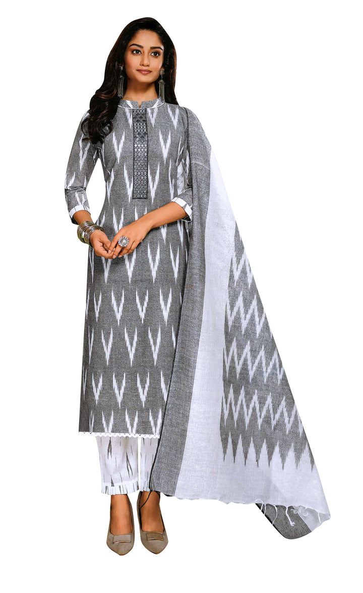 Ladyline Cotton Ikkat Weaving Salwar Kameez for women | Embroidered Neckline, Straight Pants |