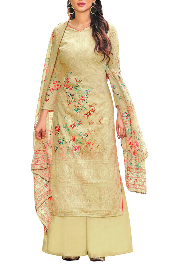 Ladyline Chikan Embroidered Cotton Salwar Kameez Suit with Palazzo Pant Chiffon Dupatta