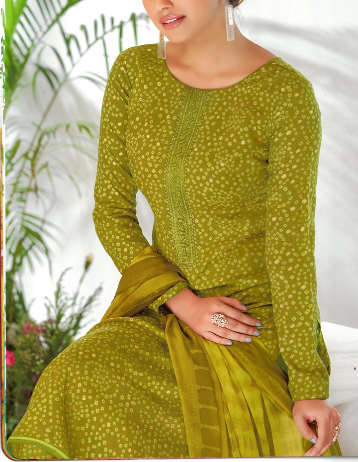 Ladyline Slub Cotton Foil Printed Salwar Kameez Suit with Embroidery Palazzo Pants
