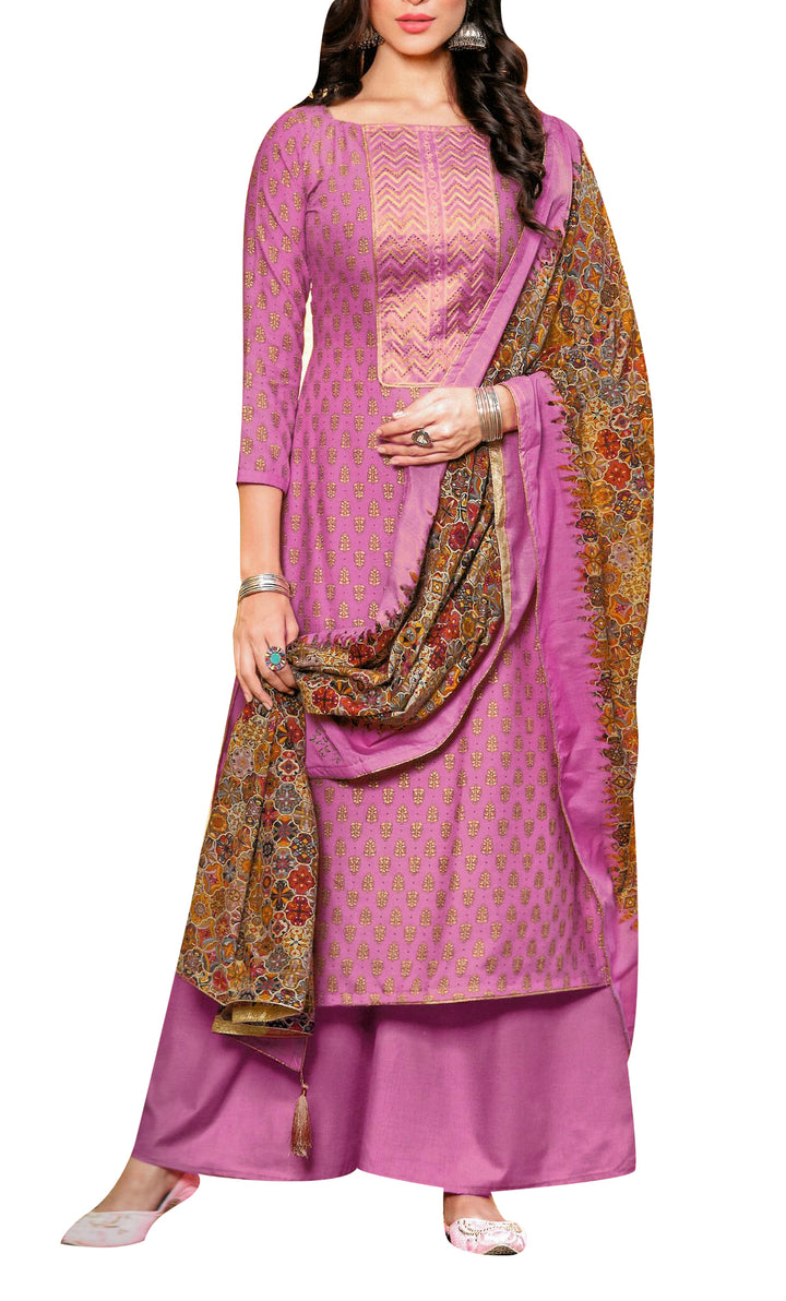 Ladyline Rayon Foil Print Embroidered Salwar Kameez Suit with Silk Dupatta