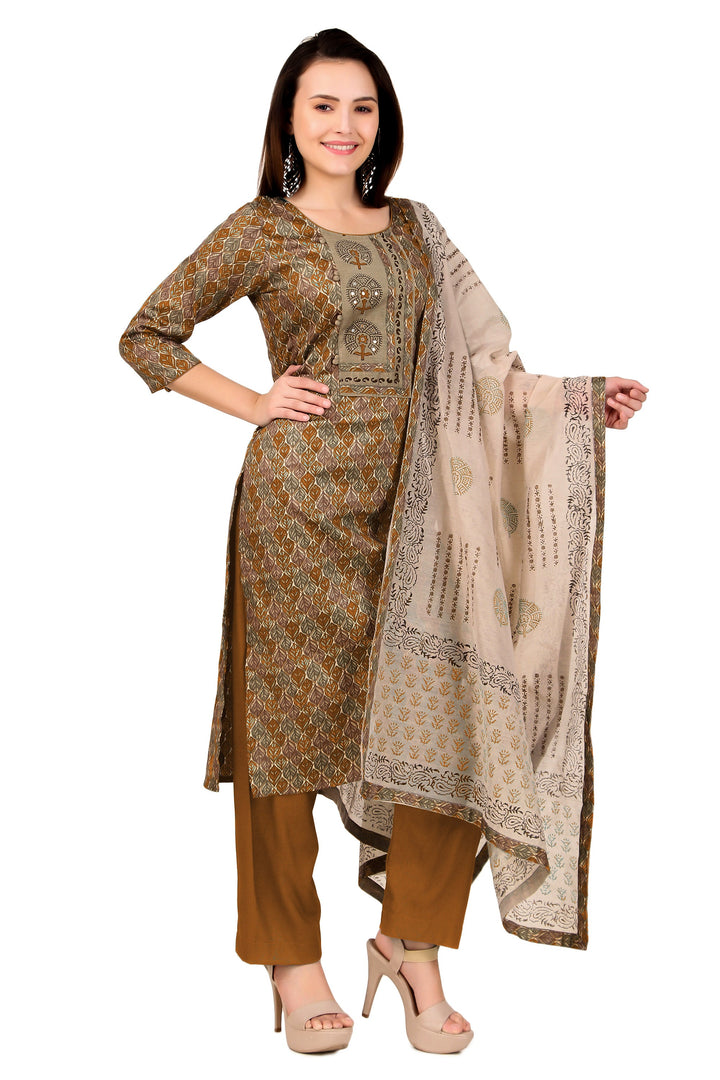 Ladyline Block Print Mirror Salwar Kameez Suit for Womens with Silk Dupatta Palazzo Pant