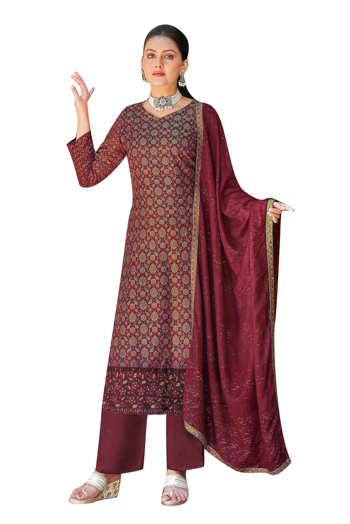 Ladyline Maslin Silk Printed Salwar Kameez Suit with Net Embroidered Daman, Viscose Dupatta