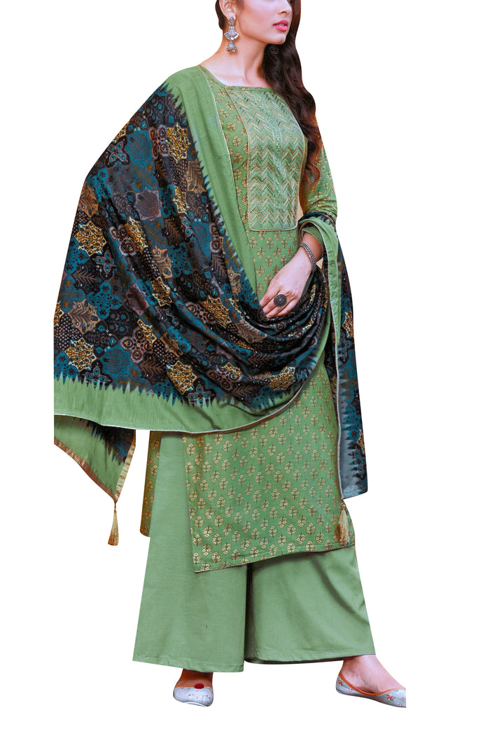 Ladyline Rayon Foil Print Embroidered Salwar Kameez Suit with Silk Dupatta