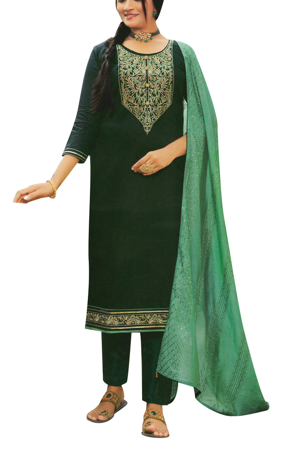 Partywear Plain Cotton Silk Heavy Embroidery Salwar Kameez Suit with Silk Dupatta..