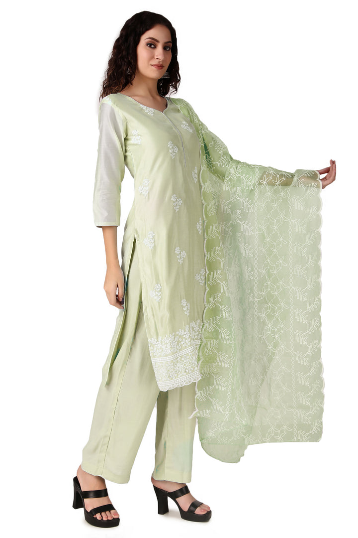Ladyline Womens Plain Chanderi Silk Embroidered Salwar Kameez Suit Palazzo Pant Indian Pakistani Dress