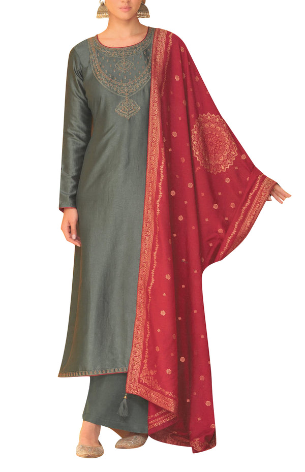 Formal Party Wear Tussar Silk Embroidered Salwar Kameez Suit with Jacquard Dupatta